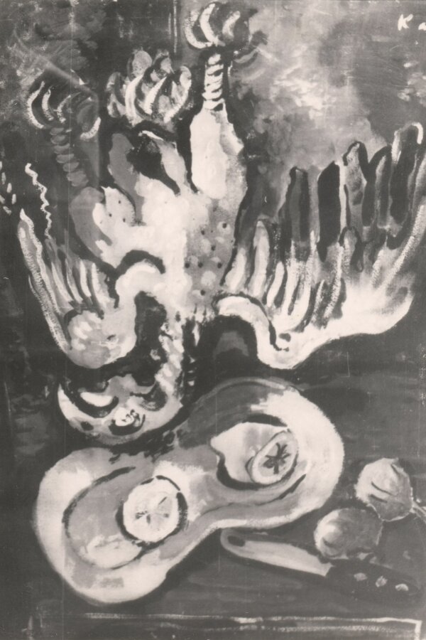 František Kaláb, Zátiší s ptákem, 1936, kvaš, 72 x 56 cm